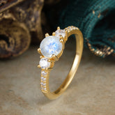 Round Cut Natural Moonstone Engagement Ring Three Stone Promise Ring Four Claw Prong Setting